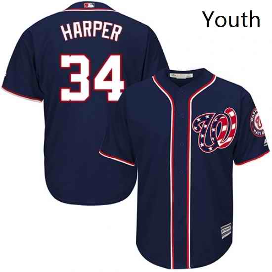 Youth Majestic Washington Nationals 34 Bryce Harper Authentic Navy Blue Alternate 2 Cool Base MLB Jersey